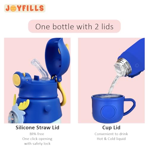 Image of JOYFIILS 2 in 1 Kids Sipper Cum Water Bottle with Cup - Stainless Steel Sipper Water Bottle for School, Play & Travel - Leak-Proof, BPA-Free- Sipper for Girls, Boys, Toddlers - 500 ML - Blue Deer