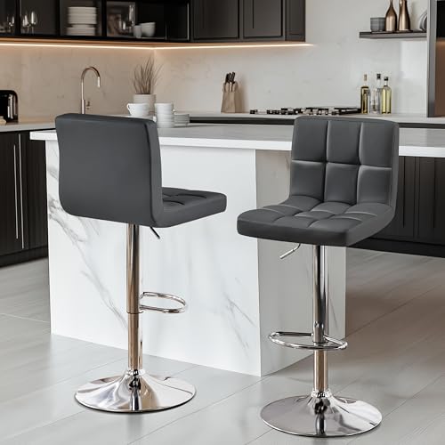 Image of Yaheetech Bar Stools Set of 2, Adjustable PU Leather Swivel Barstools, Modern Counter Stools with Back and Footrest, Counter Height Barstools for Bar, Kitchen, Dining Room, Gray