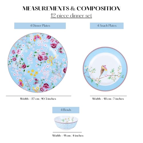 Image of GOLDEN QUEEN'S Handcrafted 12 Pieces Dinner Set | 4 Dinner Plates, 4 Small Bowls & 4 Side Plates | Perfect for Hosting Guests and Daily Meals - Birdie in Pink Dinnerware - Blue Birdie Dinnerware