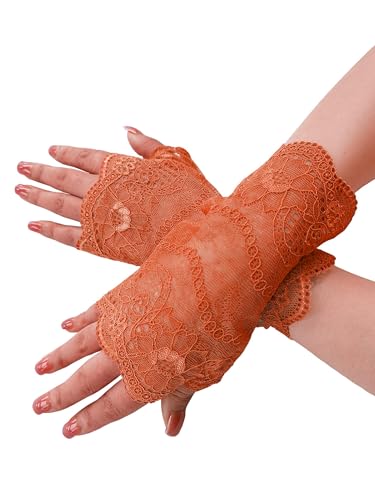 YHDDYG Orange Lace Gloves for Women Tea Party Fingerless Glove Gothic Floral Mexican Lace Gloves Florida Costume S62 (Orange One Size)