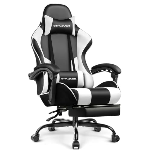 GTPLAYER Gaming Chair, Computer Chair with Footrest and Lumbar Support, Height Adjustable Game Chair with 360°-Swivel Seat and Headrest and for Office or Gaming (White)