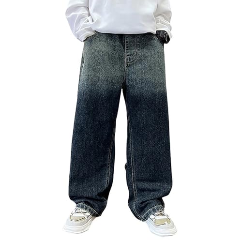Boys Jeans,Baggy Straight Leg Denim Cargo Pants Y2k Wide Leg Denim Pants Loose Elastic Waist Jeans Streetwear with Pockets