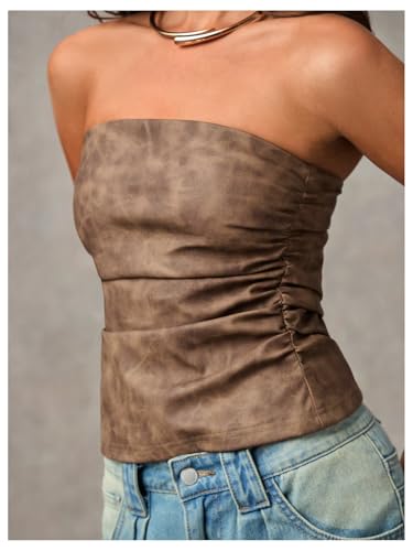MakeMeChic Women's PU Leather Top Strapless Ruched Bandeau Sleeveless Party Tube Tops3
