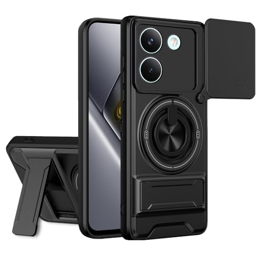 Image of AESTMO Mi Redmi Turbo 5 / Poco X8 Pro 5G Back Cover | Armor Camera Slider 360 Degree Rotating Finger Ring Holder Case with Bracket Stand Back Case Cover (Compatible with MagSafe Accessories) (Black)