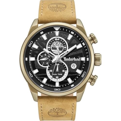 Timberland Henniker II Esfera Negra Correa de Cuero Tostado Reloj multifunción para Hombres, 46mm