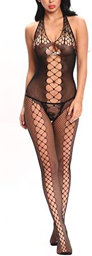 Vextronic Plus Size Fishnet Halter Bodystocking Chemise Hollow Out Bodysuit Lingerie for Women(G-String) Black