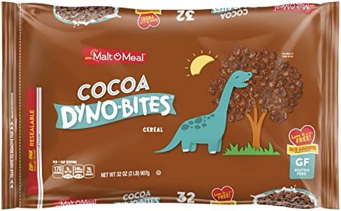 Malt-O-Meal Cocoa Dyno Bites Gluten Free Breakfast Cereal, Crispy Rice Puff Cereal, Large Cereal for Family, 32 OZ Resealable Cereal Bag