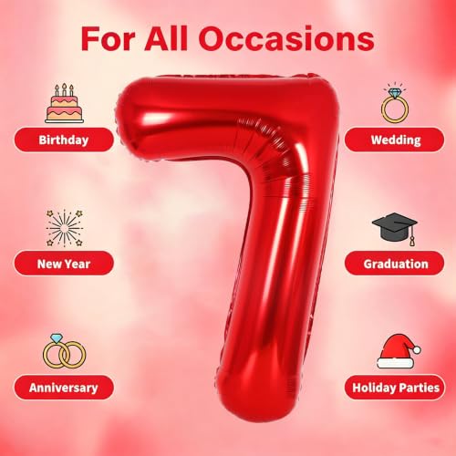 Image of Number Balloons Red Party Balloon - 40 Inch Large Number 7 Balloon, Numbers Balloon Birthday Decorations, Red Party Supplies for Anniversary