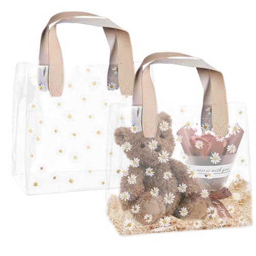 IETWATE 2 Piezas Bolsas Transparentes para Regalos, Bolsa Regalo con Asas, PVC Bolsas Transparentes para Chuches con Patrón de Margaritas para Cumpleaños, Bodas, Decoración, Festival
