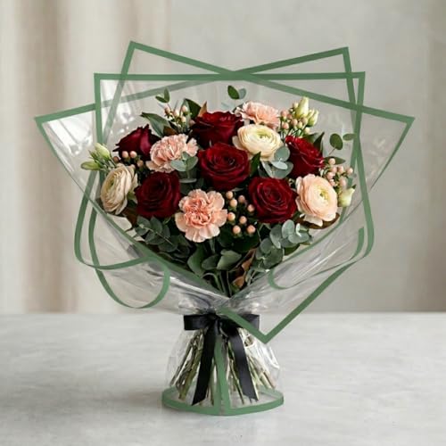 Saksham Coloured Border Clear Waterproof Floral Wrapping Paper, Bouquet Packing Sheets (20 Sheets) 58cm x 58cm | Transparent Korean Style Gift Wrap (Pastel Green) | Includes 3 Free Pull Bow Ribbons!