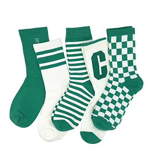 Image of Striped Patterned Cotton Crew Socks for Women and Girls, Fashion Casual Socks (5 Pairs) (Black & White)