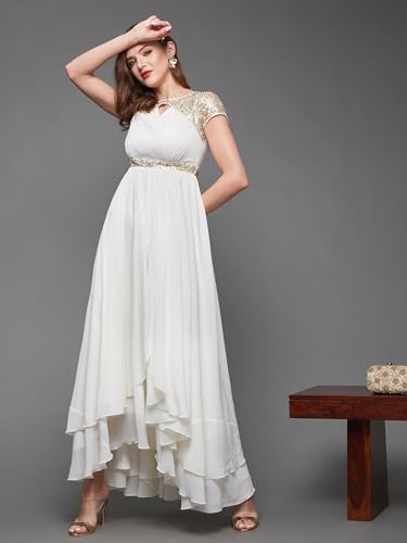 Image of Miss Chase Women's Round Neck Sleeve Embellished Fit Flare Maxi Dress