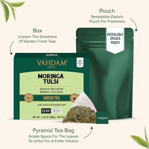Image of VAHDAM Tulsi Moringa Tea Bags (100 Count) Low Caffeine, Non GMO & Gluten Free | High Grown Green Tea | Infused Moringa, Lemongrass, & Lemon Basil | Resealable Ziplock Pouch