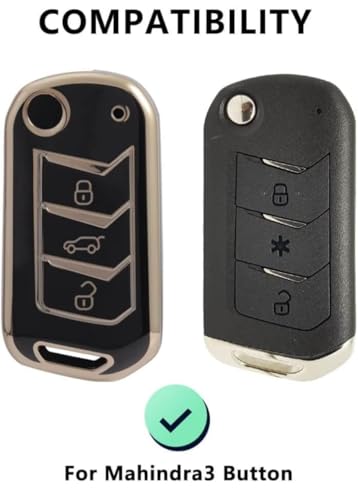 Image of TPU Car Key Cover Black & Golden Compatible for Mahindra Scorpio, Bolero, XUV700, XUV300, Thar, TUV300 Plus, XUV400 (Mahindra, 3 Button Flip Key New)