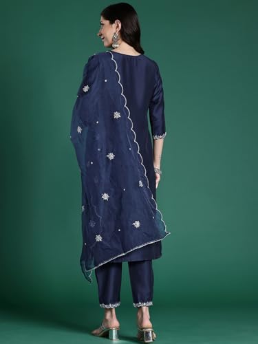 Image of INDO ERA Women's Silk Blend Embroidered Straight Kurta Pant With Dupatta Set