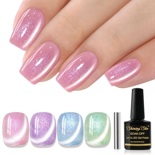 Shining She Esmalte Semipermanente para Uñas en Gel UV LED,4 Colores Mermaid Rosa Morado Verde Azul Cat Eye Gel Polish, Shimmer Ojo de Gato Semipermanente para Novato Art DIY,8ML
