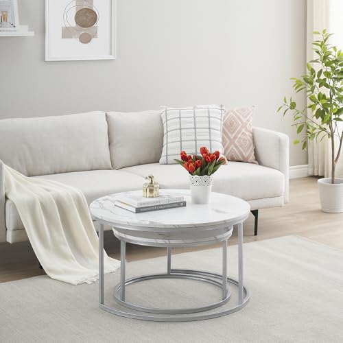 hitsuki Runder Couchtisch 2er Set Weiß Marmor, Silber Metallgestell 80+60cm – Ansicht 3
