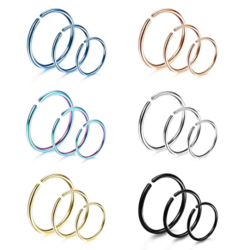 Momeski 18 Piezas de Aro de Nariz de Acero Inoxidable 20 Gauge Anillo Pendiente Tabique, Cartílago, Hélice, Piercing de Oreja para Piercing de Cuerpo, 6 mm, 8 mm, 10 mm (6 colores, 3 tamaños)