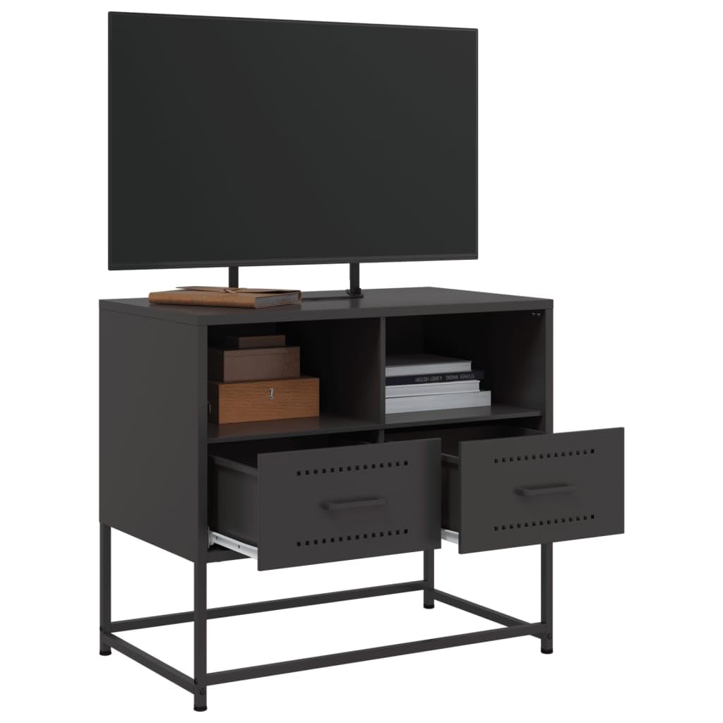 Szafka pod telewizor czarna, ze stali, 68 x 39 x 60,5 cm, z 2 szufladami i 2 przegródkami, zajmuje mało miejsca, do salonu, sypialni, kina domowego, gamingów z miejscem do przechowywania