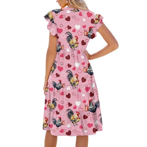 Image of Women's Casual Ruffle Sleeve Dress V Neck Pullover Dress Flowy A-Line Pleated Lightweight Dress with Pockets