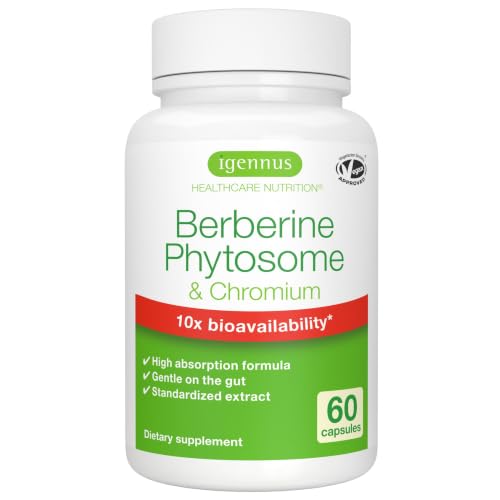 Igennus Dual Action Berberine Phytosome 550mg & Chromium Picolinate 10x Absorption Blood Glucose Control Standardized Berberis Extract Supplement Clean Label Vegan 60 Capsules