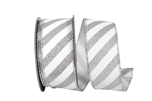 Reliant Ribbon Stripes Diagonal Glitter Bling Wired Edge White/Silver 1-1/2 Inch 10 Yards