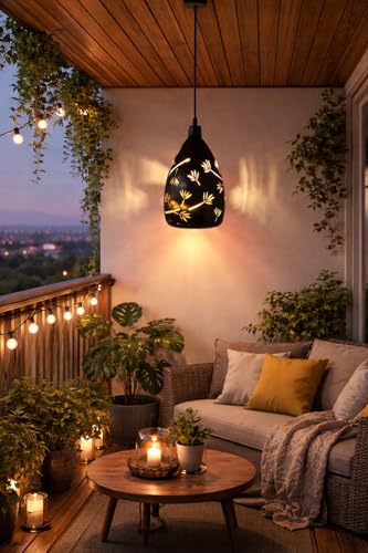 Image of Modern Black Hanging Pendant Light with Geometric Cut Design, Warm Glow Decorative Ceiling Lamp for Living Room, Bedroom, Dining Area, Cafe & Home Decor
