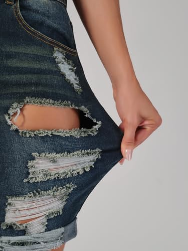 roswear Women's Ripped Denim Destroyed Mid Rise Stretchy Bermuda Shorts Jeans Stonewash Blue Medium