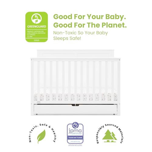 Image of Simmons Kids Logan 6-in-1 Convertible Crib with Underdrawer - Greenguard Gold Certified, Bianca White + Simmons Kids Silver Nights Dual Sided 2-Stage Antimicrobial Baby Crib Mattress (Bundle)