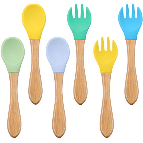 6 Pieces Baby Spoon Fork Set Bamboo Wooden Handle Baby Spoon Silicone Tips Toddler Training Fork Safe for Baby Toddler Weaning Self-feeding Training