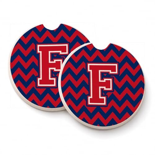 Caroline's Treasures Letter F Chevron Yale Blue & Crimson Set of 2 Cup Holder Car Coasters CJ1054-FCARC, 2.56, Multicolor