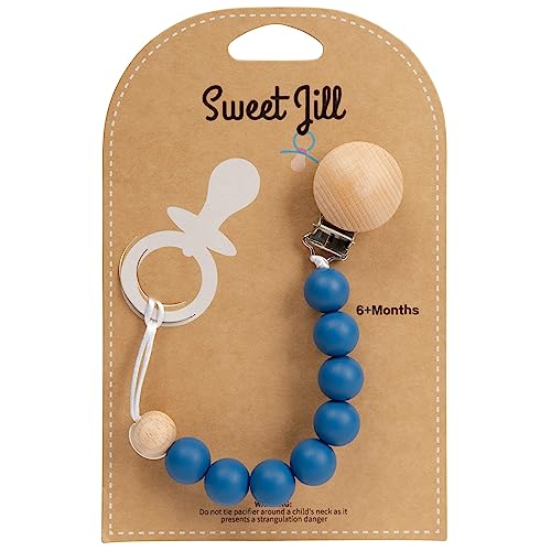 Image of Pacifier Clip Made with Silicone Beads and Secured with Wood Clip. 1 Piece Design. BPA-Free. Chewable. 9 inch Long. Keeps Pacifiers and teethers securely Fastened. (Navy)