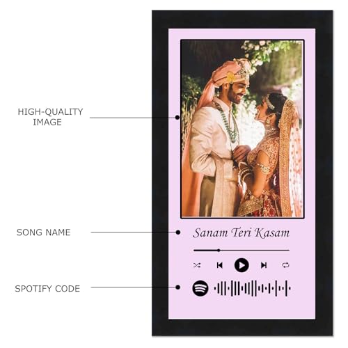 Image of Personalized Gift Musical Wall Photo Frame - Customized Spotify Song with Scanable Barcode for Wedding and Couple Gifts - Size (6x12) Inch, Pink | 1 Piece Rectangle, wood