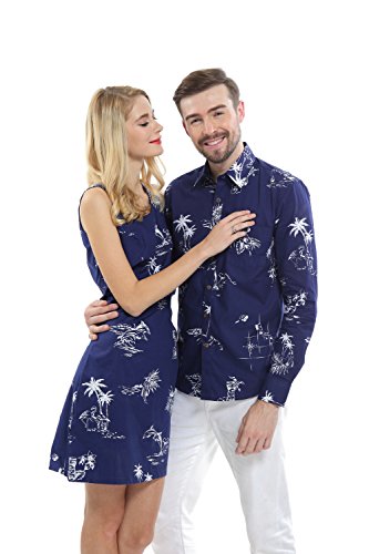 Couple Matching Hawaiian Luau Cruise Outfit Shirt Dress Classic Navy Men M Women S