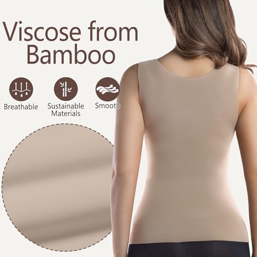 Image of +MD Women's Seamless Short Sleeve Undershirt, Light Compression Scoop Neck Tank Top, Tummy Control Basic Tee Camisole