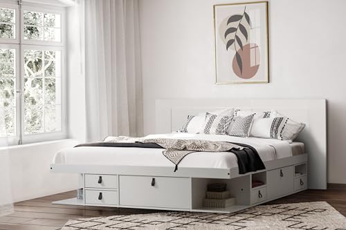 memomad Bali Slim Set: Storage Platform Bed with Drawers + Flat Panel Headboard (King Size, White Wood)