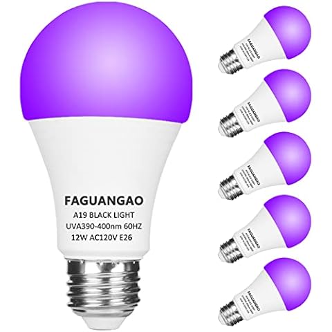 FAGUANGAO LED Black Light Bulb,12W(100Watt Equivalent) A19 UV Blacklight Bulb,120V,UVA Level 390-400nm,E26 Medium Base,Glow in The Dark for Blacklight Party,Fluorescent Poster,Neon Glow(6 Pack) Cover