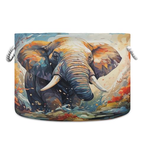 Round Storage Basket Watercolor Colorful Elephant in The Forest Open Home Storage Bin 20 * 13.9in