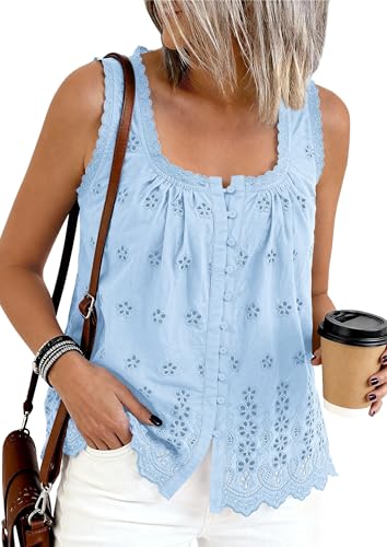 PRETTYGARDEN Womens Tank Tops 2026 Summer Button Down Shirts Embroidered Eyelet Dressy Casual Blouses Beach Vacation Clothes (Light Blue Large)