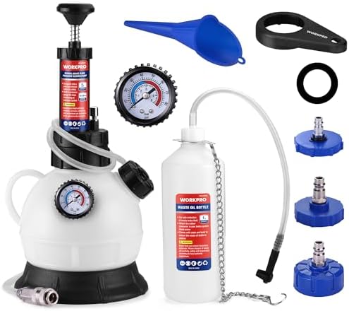 WORKPRO 2L Manual Brake Bleeder Kit, One Person Brake Fluid Vacuum Pump with 1L Brake Bleeder Bottle, 3 Master Cylinder Adapters & Funnel, Professional Brake Bleeding Tool for Most Vehicles
