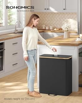 SONGMICS Recycling Bin for Kitchen 37 Gallon. Bottle Recycling Container, Collection Bin, for Metal, Plastic, Paper, Glass, Inner Bag with Handles, Kitchen, Ink Black and Natural Beige URRB513B01