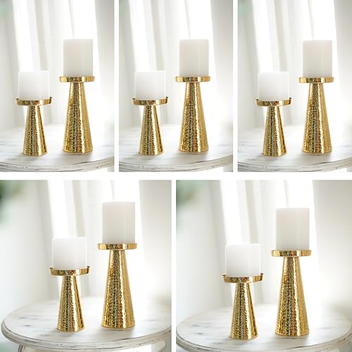 Image of Behoma Handcrafted Hammered Gold Metal Pillar Candle Holders Pack of 5 Sets | Decorative Candle Stand Set for Modern Centerpiece for Home Decor, Dining Table, Wedding, Diwali & Housewarming Gifts | Golden leaf-shape metal tray, small size; perfect for mandap, haldi, mehendi & Navratri decor.