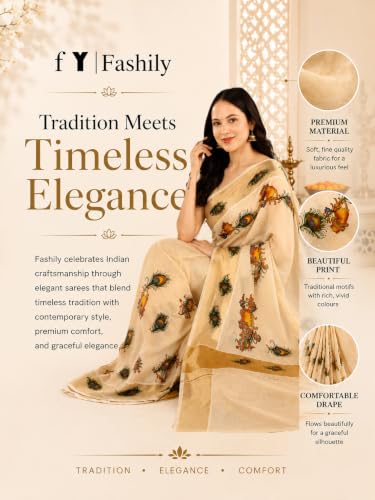Image of Women's Kerala Tissue Plain Saree with Running Blouse| Onam & Vishu Kani Special | Traditional Kasavu White Colour