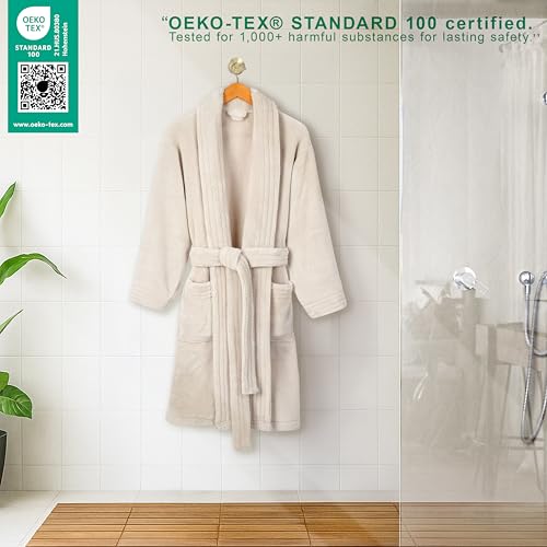 Image of American Soft Linen Women's Fleece Bathrobe - Luxury Soft, Plush, Fuzzy & Warm Turkish Robe for Women, Cozy Spa Quality Adult Bathroom Lounge Robe, Beige M