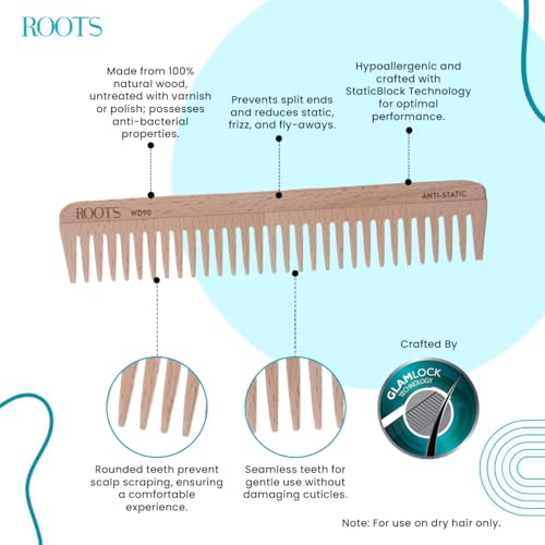 Image of ROOTS Wooden Comb | Wide Teeth | Rounded Teeth prevent Hair & Scalp damage | 100% Natural Wood | Anti-Frizz & Shine | For Long, Thick & Dry Hair | For Men & Women | Length - 7.4 Inch, Model No - WD90