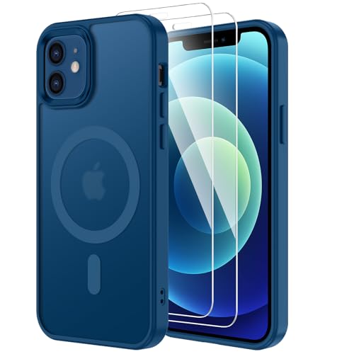 COPIKE Funda Magnética para iPhone 12 y 12 Pro con 2 Cristal Templado, Compatible con MagSafe Carcasa Antigolpes Mate Translúcida Antihuellas Trasera, Azul