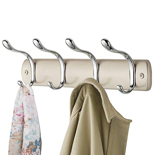 mDesign Decorative Metal Wall Mount Storage Organizer Rack for Coats, Hoodies, Hats, Scarves, Purses, Leashes, Bath Towels, Robes, Men s, Women s Clothing - 8 Hanging Hooks - Satin Chrome