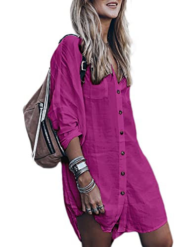Bsubseach Women Loose Long Sleeve Swimsuit Cover Ups Button Down Beach Shirt