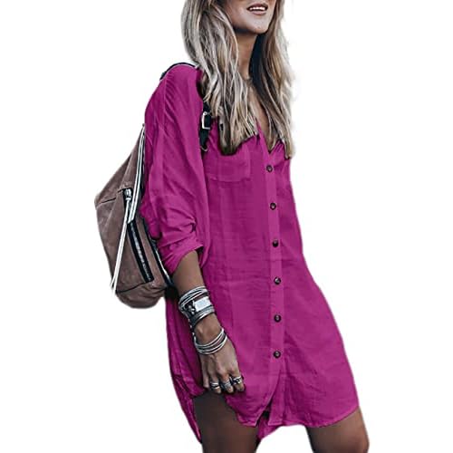 Bsubseach Womens Long Sleeve Linen Swimsuit Cover Up Button Down Beach Cover Ups Summer Swim Shirt Dresses Rose One Size