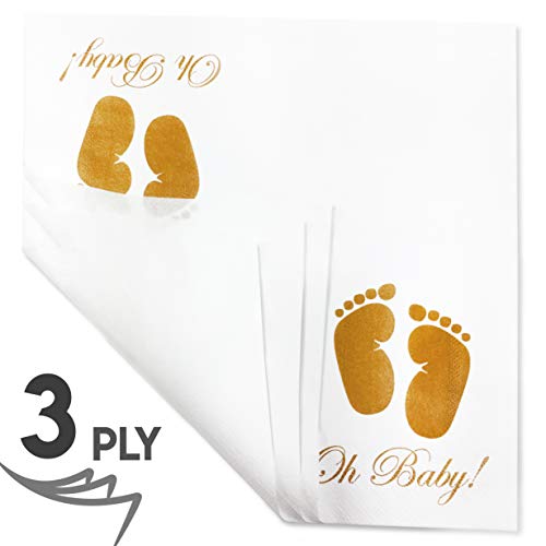 Clearance.. Baby Shower Napkins - Oh Baby Gold Feet Design for Boy and Girl, 100 Pack, 3-Ply, White Paper, Disposable Tableware Decorations Supply for Cocktail Dinner Lunch Birthday - Thumbnail 5